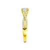 A side view of 14K yellow gold Amorati Vignette princess diamond solitaire with prong setting and diamond band