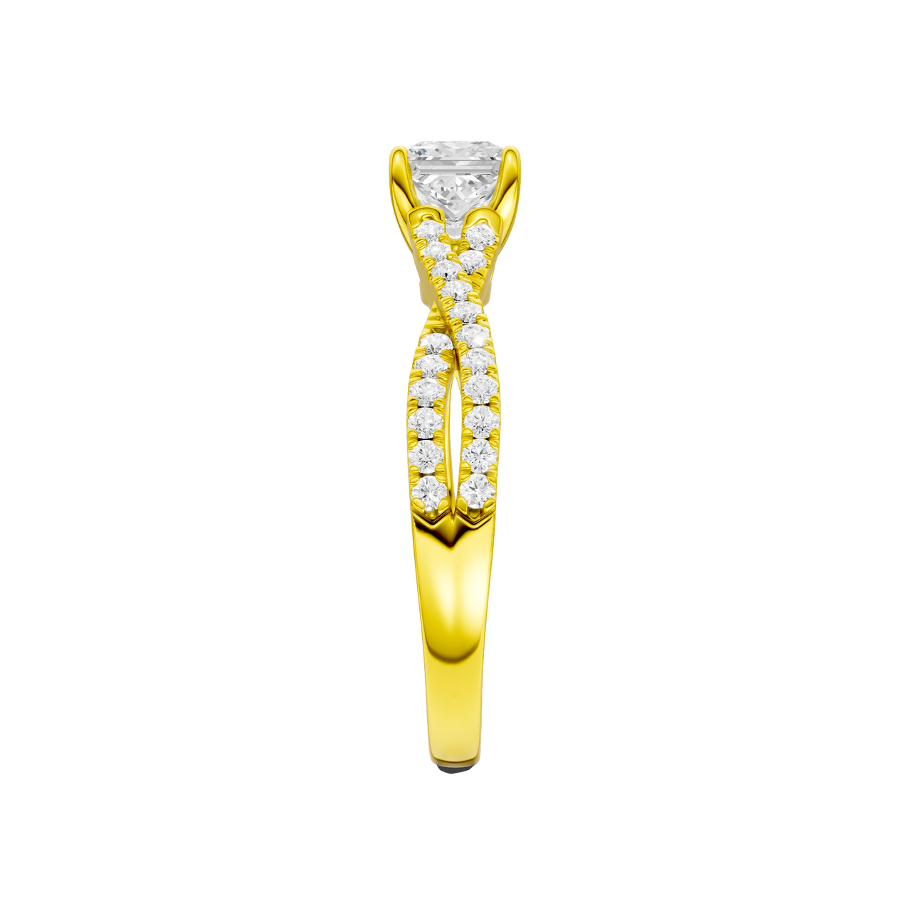 A side view of 14K yellow gold Amorati Vignette princess diamond solitaire with prong setting and diamond band
