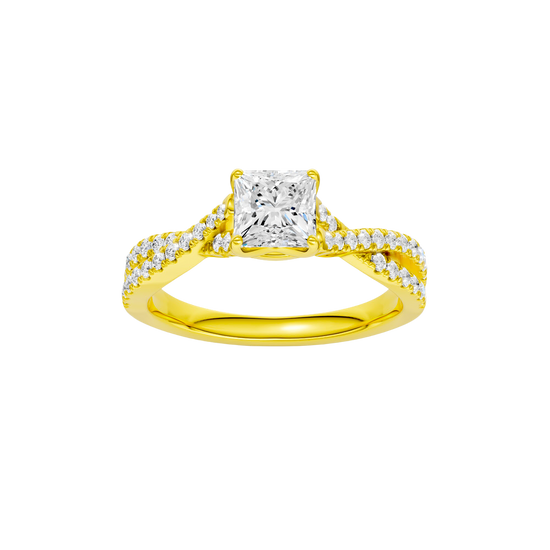 A top view of 14K yellow gold Amorati Vignette princess diamond solitaire with prong setting and diamond band
