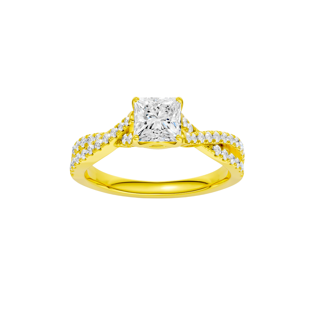 A top view of 14K yellow gold Amorati Vignette princess diamond solitaire with prong setting and diamond band