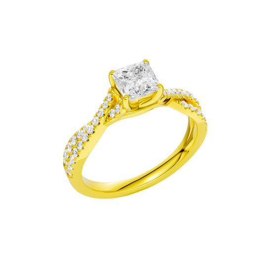 An angled view of 14K yellow gold Amorati Vignette princess diamond solitaire with prong setting and diamond band
