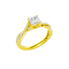An angled view of 14K yellow gold Amorati Vignette princess diamond solitaire with prong setting and diamond band