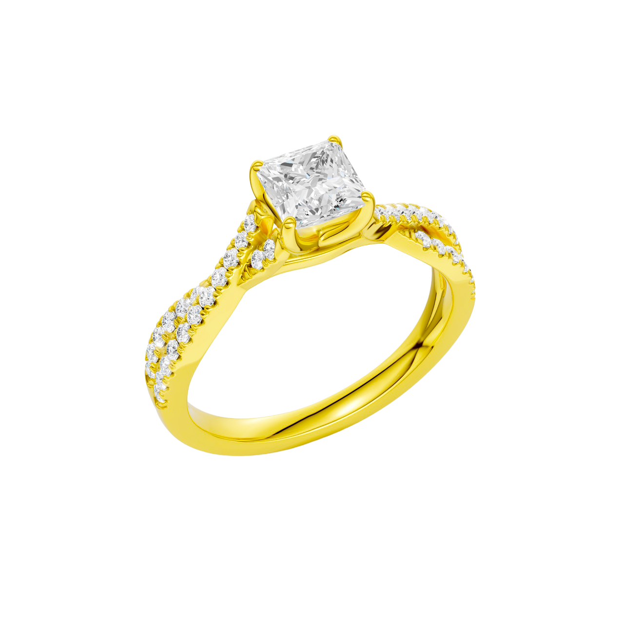 An angled view of 14K yellow gold Amorati Vignette princess diamond solitaire with prong setting and diamond band