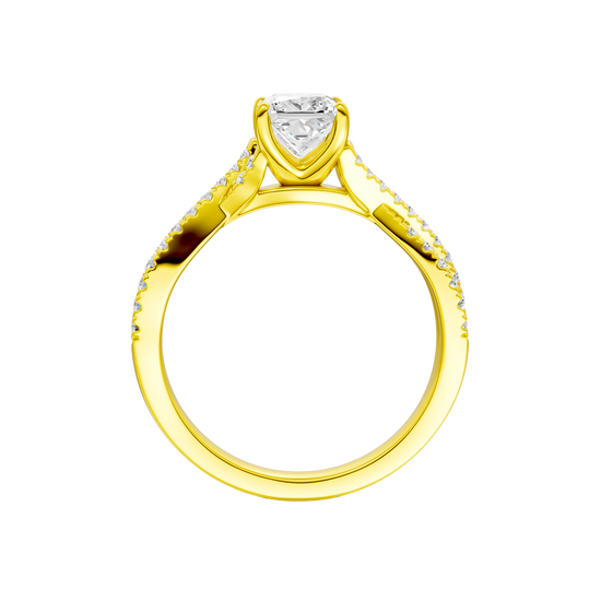 A side profile of 14K yellow gold Amorati Vignette princess diamond solitaire with prong setting and diamond band