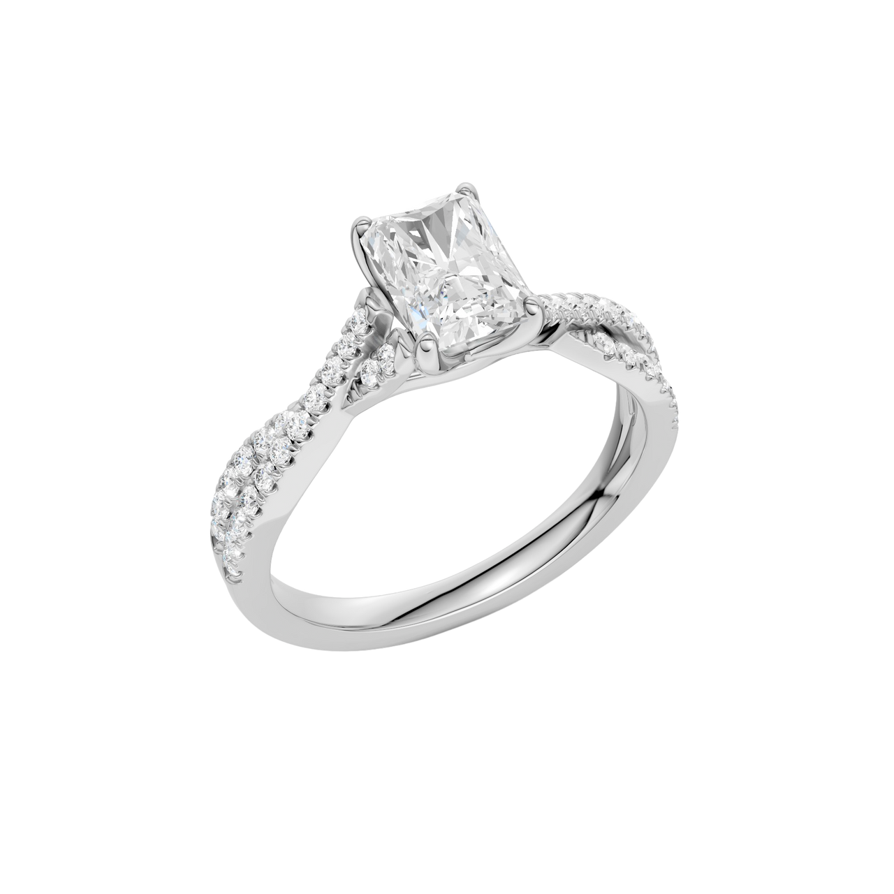An angled view of the 14K white gold Amorati Vignette Radiant Diamond Band Solitaire