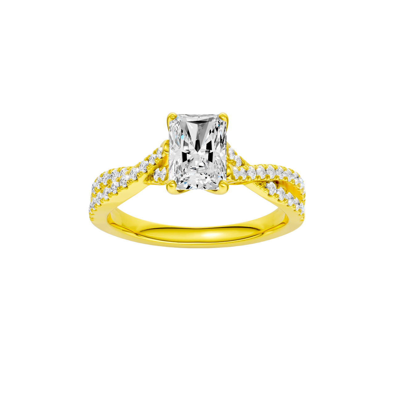 A top view of the 14K yellow gold Amorati Vignette Radiant Diamond Band Solitaire