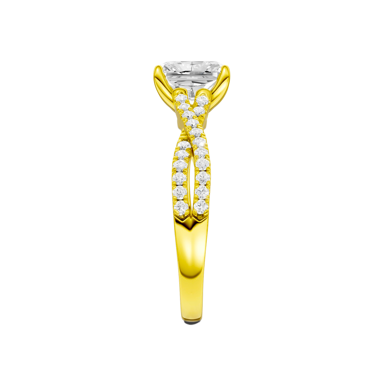 A side view of the 14K yellow gold Amorati Vignette Radiant Diamond Band Solitaire
