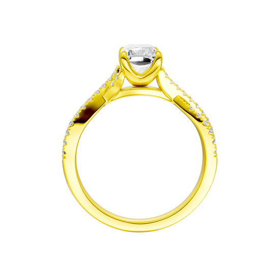 A side profile view of the 14K yellow gold Amorati Vignette Radiant Diamond Band Solitaire