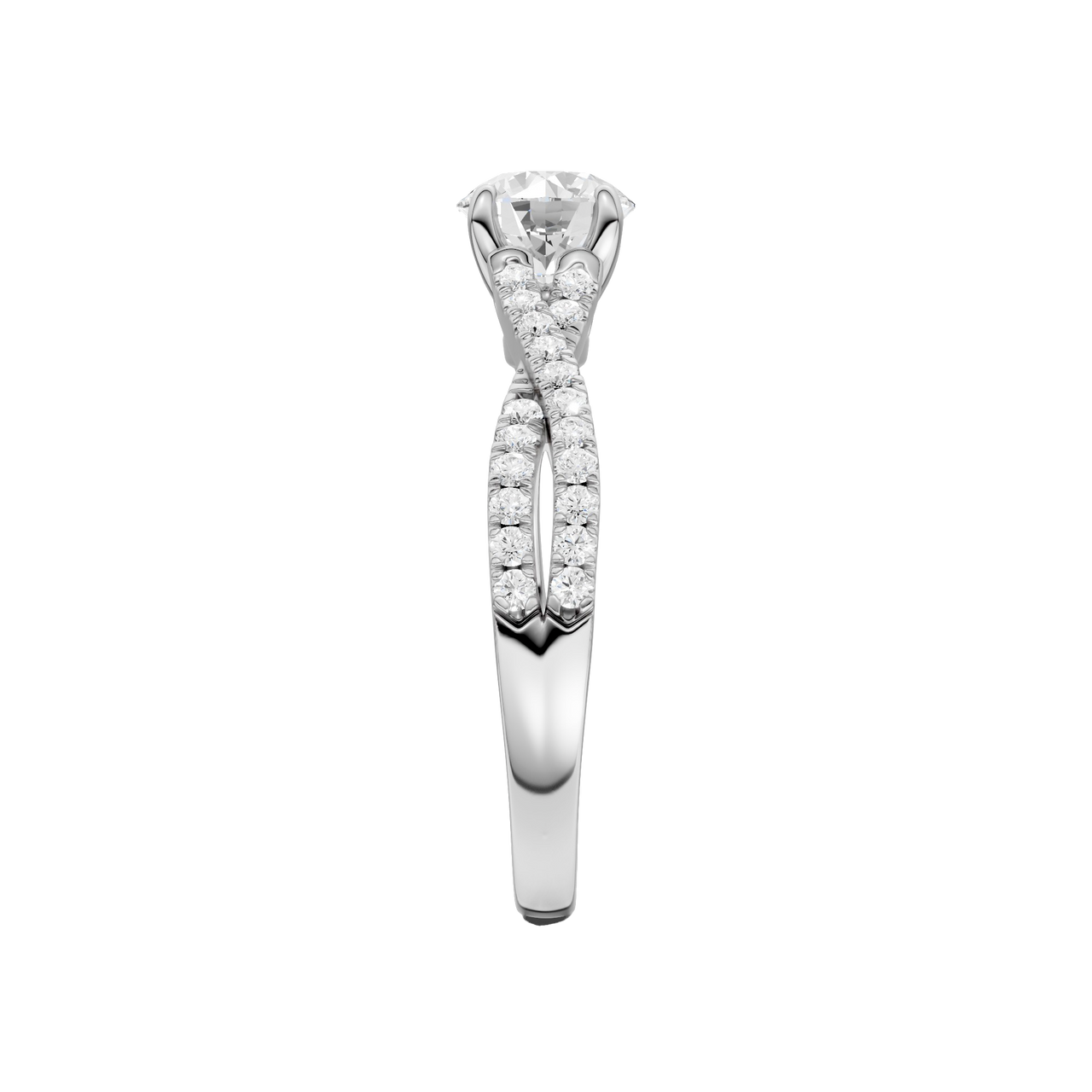 A side view of the 14K white gold Amorati Vignette Round Diamond Band Solitaire