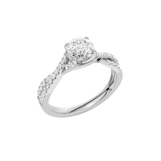 An angled view of the 14K white gold Amorati Vignette Round Diamond Band Solitaire