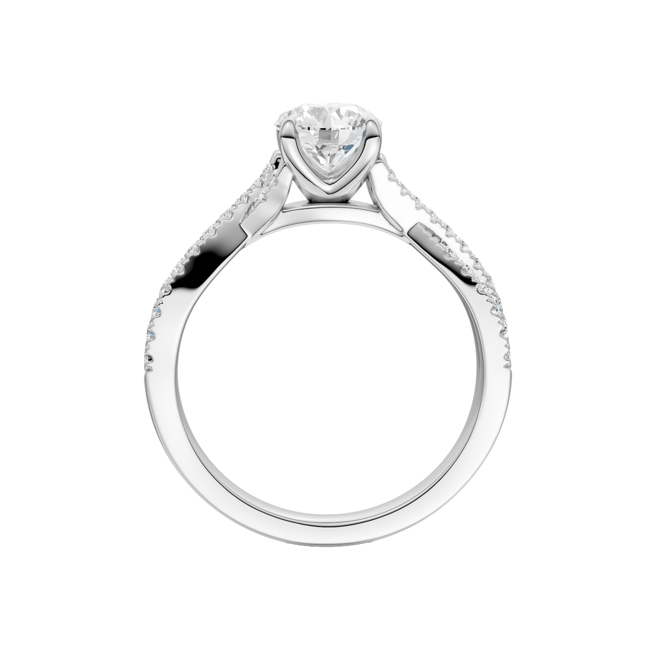A side profile view of the 14K white gold Amorati Vignette Round Diamond Band Solitaire