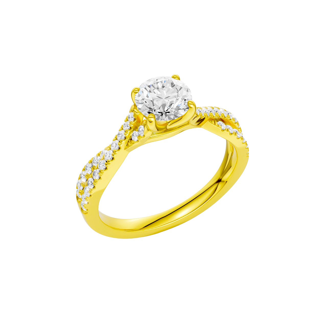An angled view of the 14K yellow gold Amorati Vignette Round Diamond Band Solitaire