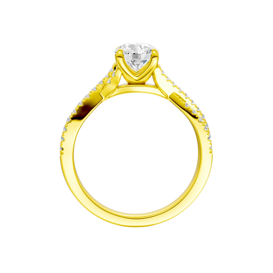 A side profile view of the 14K yellow gold Amorati Vignette Round Diamond Band Solitaire