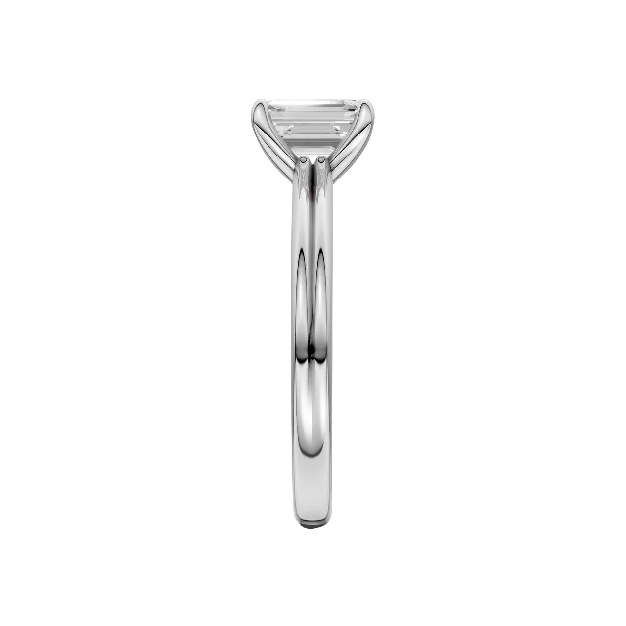 A side view of the Emerald cut diamond engagement ring in 14k white gold with a plain band and solitaire setting