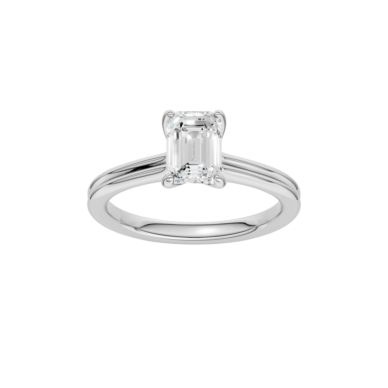 A front view of the Emerald cut diamond engagement ring in 14k white gold with a plain band and solitaire setting
