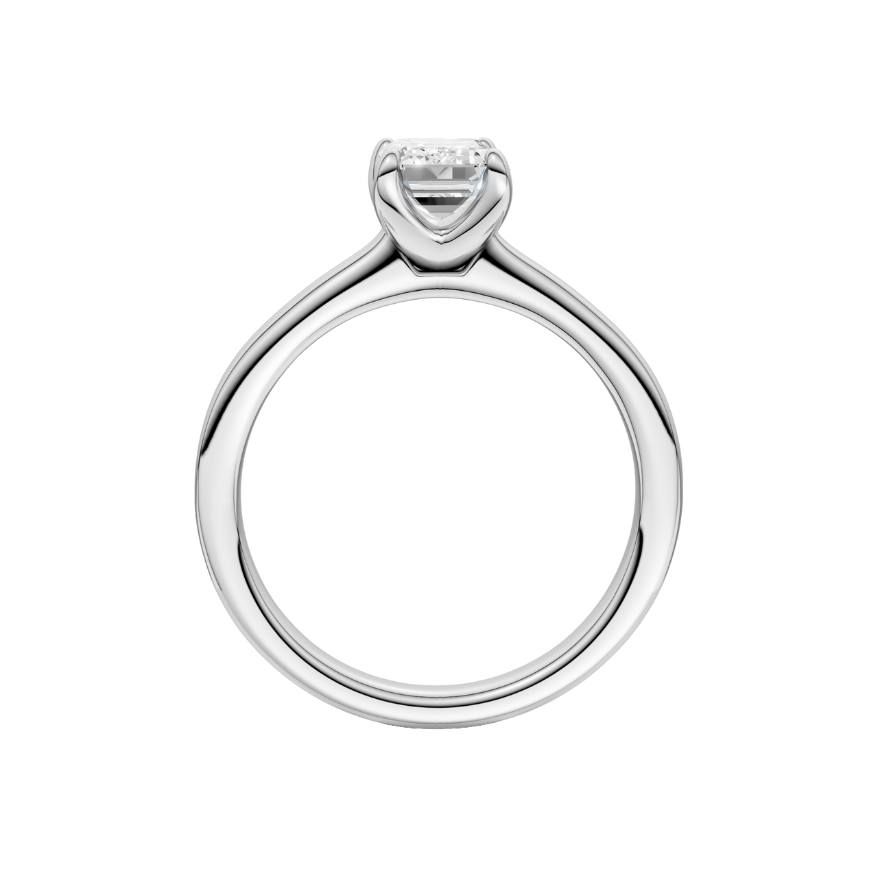 A profile view of the Emerald cut diamond engagement ring in platinum with a plain band and solitaire setting