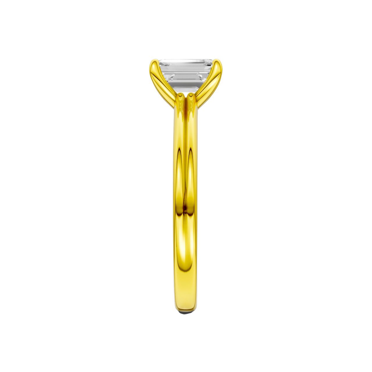 A side view of the Emerald cut diamond engagement ring in 14k yellow gold with a plain band and solitaire setting