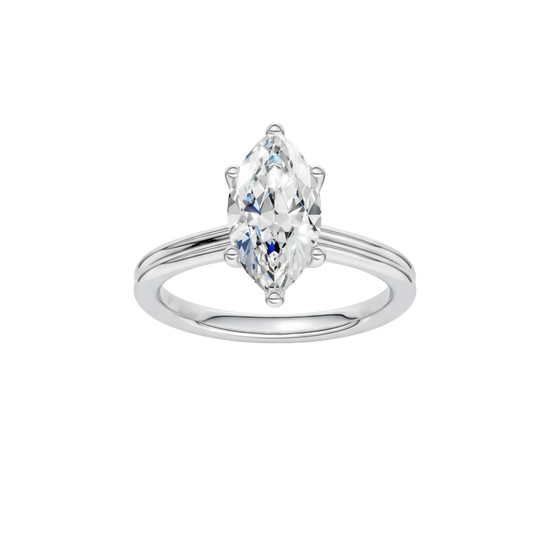 A three-quarter view of the Marquise cut diamond engagement ring in platinum with a plain band and solitaire setting