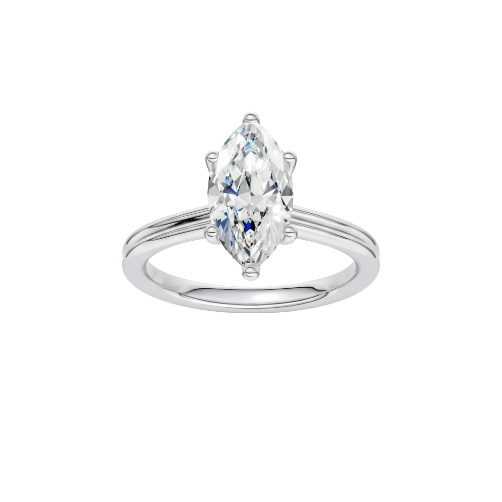 A front view of the Marquise cut diamond engagement ring in 14k white gold with a plain band and solitaire setting