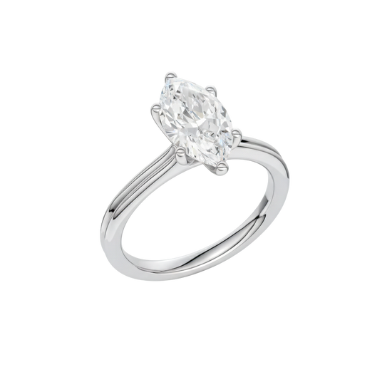 A three-quarter view of the Marquise cut diamond engagement ring in 14k white gold with a plain band and solitaire setting