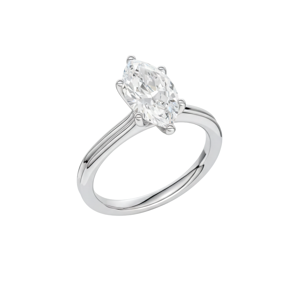 A three-quarter view of the Marquise cut diamond engagement ring in 14k white gold with a plain band and solitaire setting