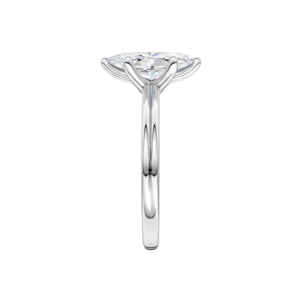 A side view of the Marquise cut diamond engagement ring in platinum with a plain band and solitaire setting