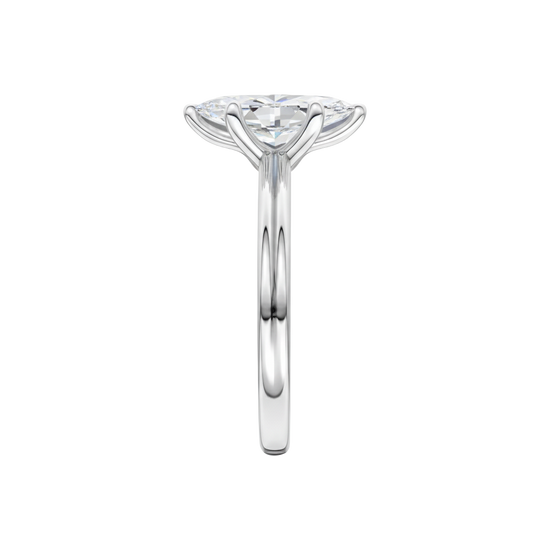 A side view of the Marquise cut diamond engagement ring in 14k white gold with a plain band and solitaire setting