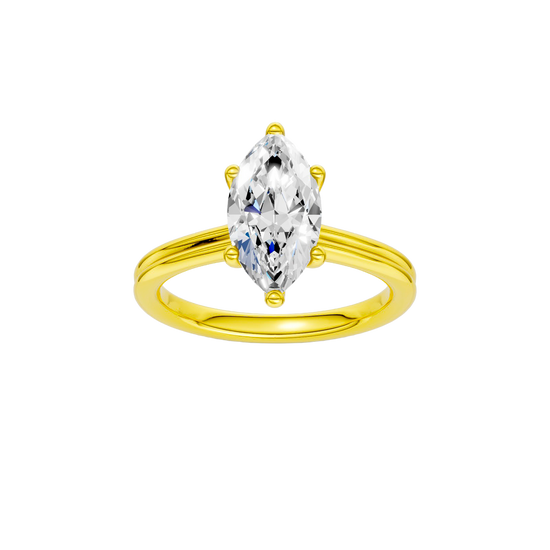 A front view of the Marquise cut diamond engagement ring in 14k yellow gold with a plain band and solitaire setting