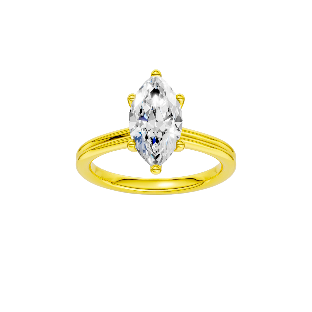 A front view of the Marquise cut diamond engagement ring in 14k yellow gold with a plain band and solitaire setting