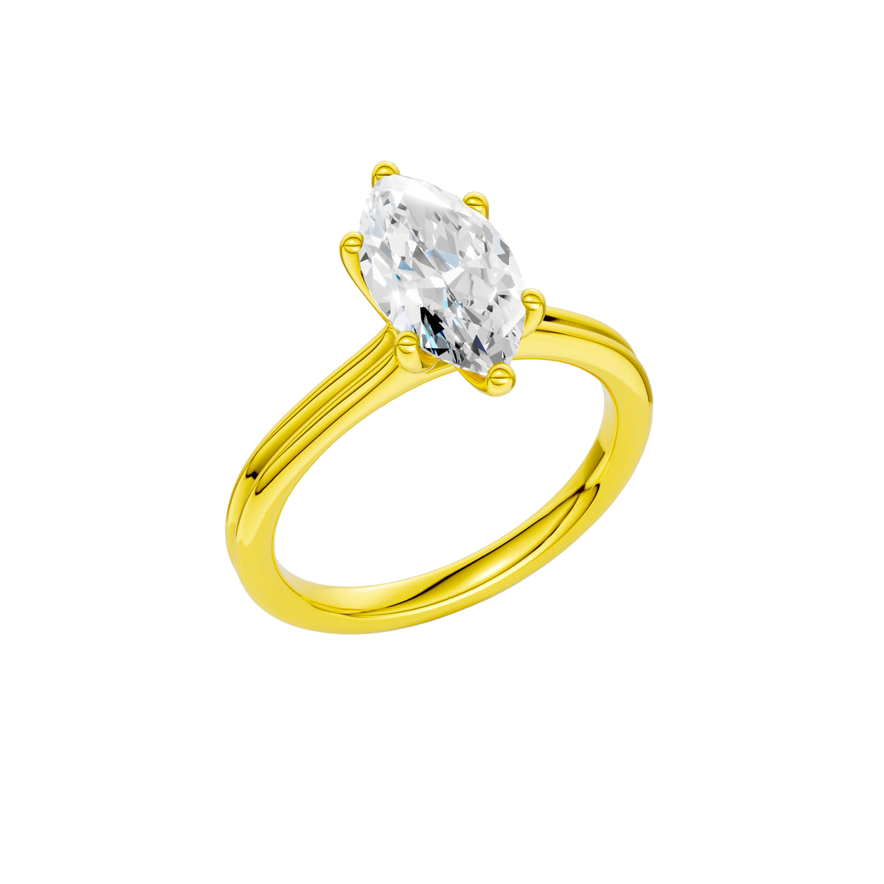 A three-quarter view of the Marquise cut diamond engagement ring in 14k yellow gold with a plain band and solitaire setting