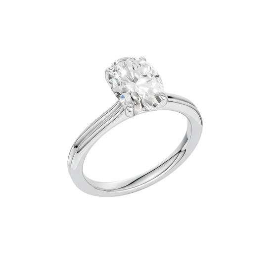 A three-quarter view of the Oval cut diamond engagement ring in platinum with a plain band and solitaire setting