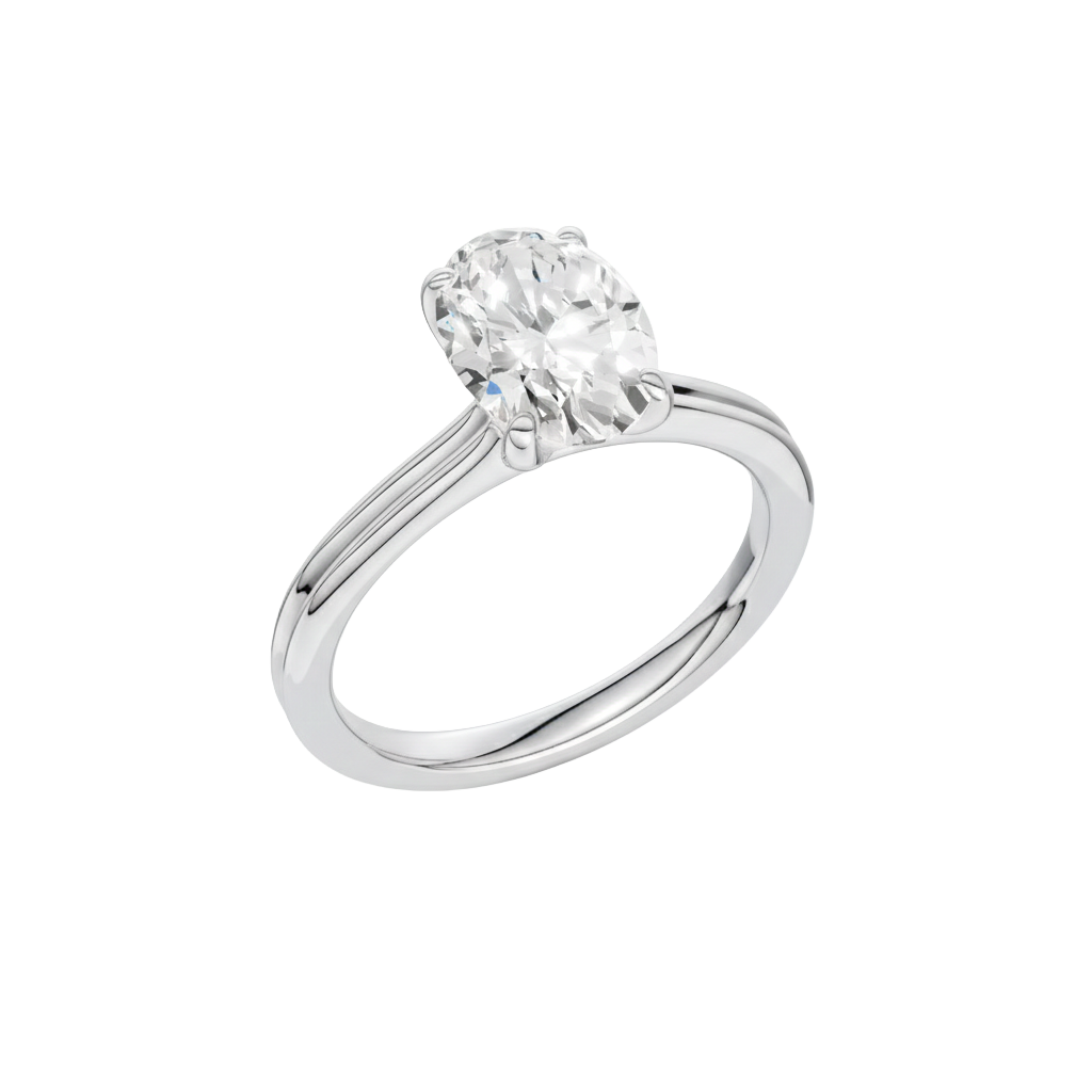 A three-quarter view of the Oval cut diamond engagement ring in platinum with a plain band and solitaire setting