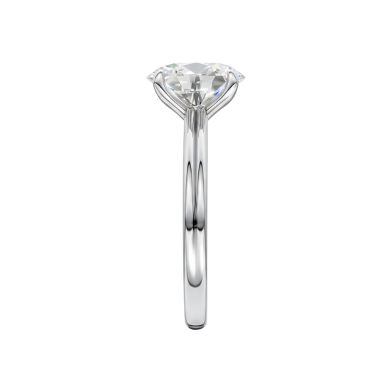 A side view of the Oval cut diamond engagement ring in platinum with a plain band and solitaire setting