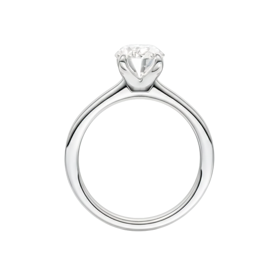A profile view of the Oval cut diamond engagement ring in platinum with a plain band and solitaire setting