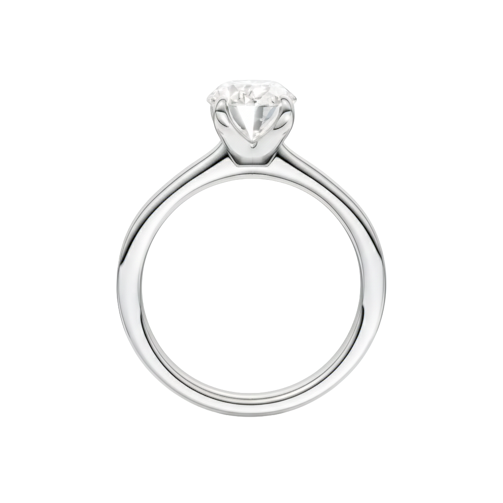 A profile view of the Oval cut diamond engagement ring in platinum with a plain band and solitaire setting