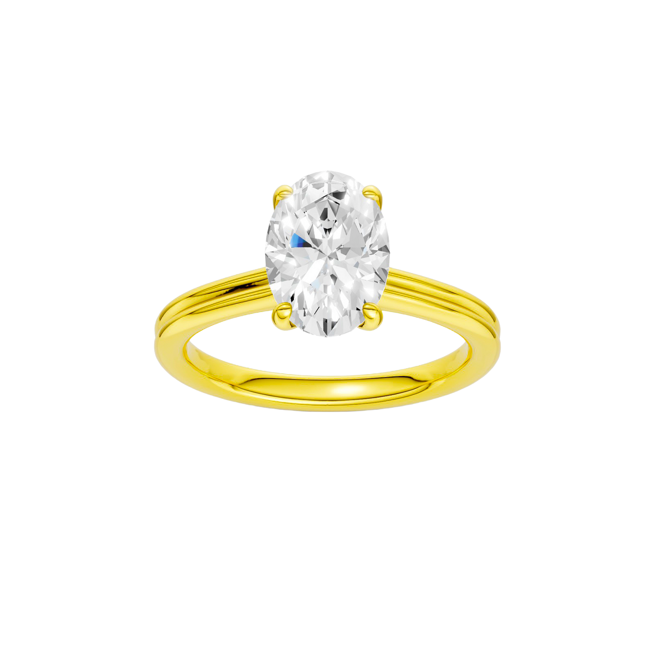 A front view of the Oval cut diamond engagement ring in 14k yellow gold with a plain band and solitaire setting