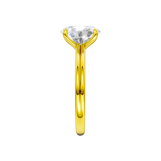 A side view of the Oval cut diamond engagement ring in 14k yellow gold with a plain band and solitaire setting