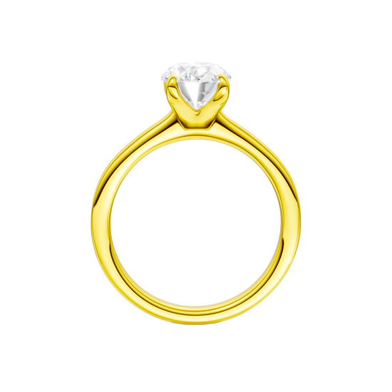 A profile view of the Oval cut diamond engagement ring in 14k yellow gold with a plain band and solitaire setting