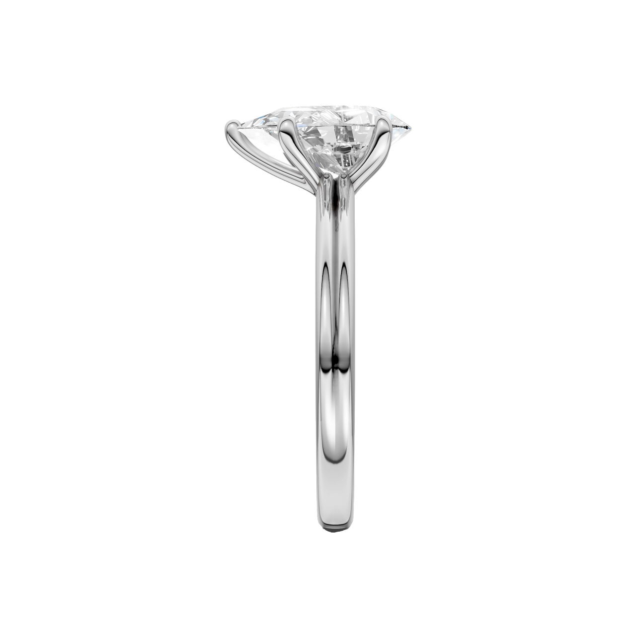 A side view of the Pear cut diamond engagement ring in 14k white gold with a plain band and solitaire setting