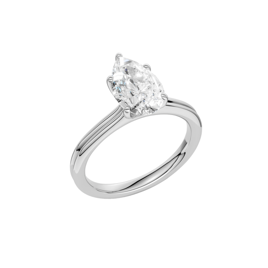 An angled view of the Pear cut diamond engagement ring in platinum with a plain band and solitaire setting