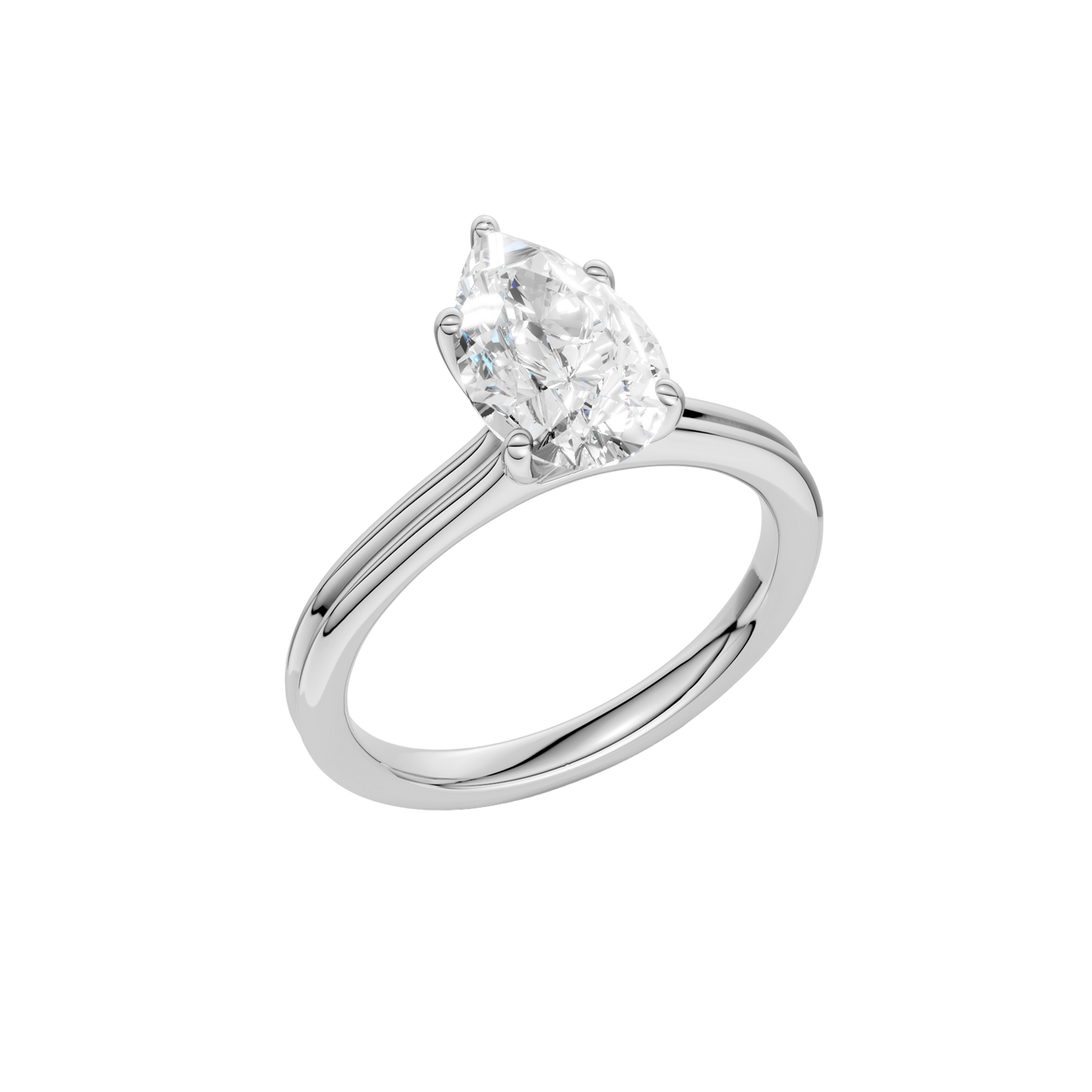 An angled view of the Pear cut diamond engagement ring in 14k white gold with a plain band and solitaire setting