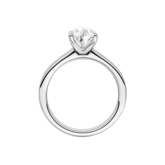 A profile view of the Pear cut diamond engagement ring in 14k white gold with a plain band and solitaire setting