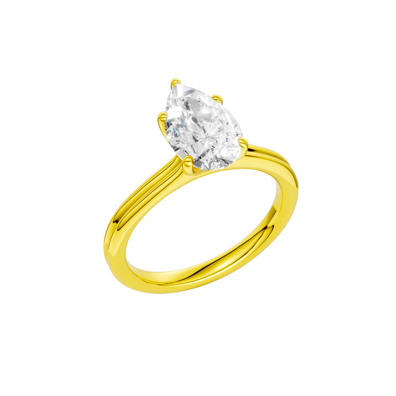 An angled view of the Pear cut diamond engagement ring in 14k yellow gold with a plain band and solitaire setting