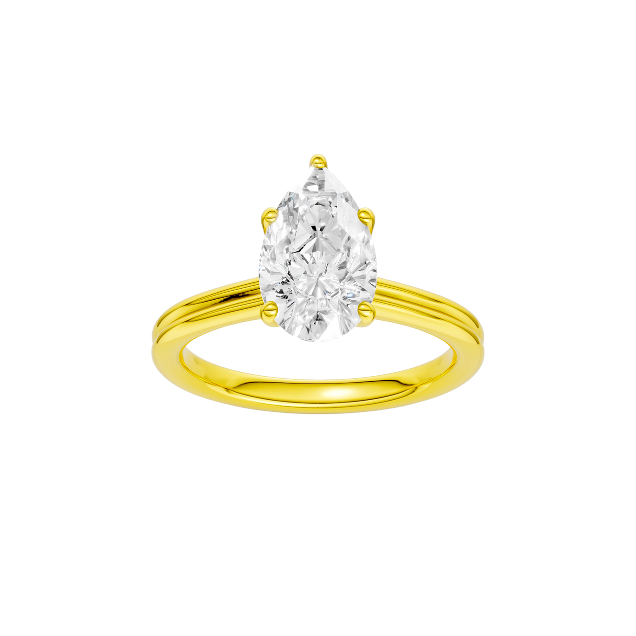 A front view of the Pear cut diamond engagement ring in 14k yellow gold with a plain band and solitaire setting