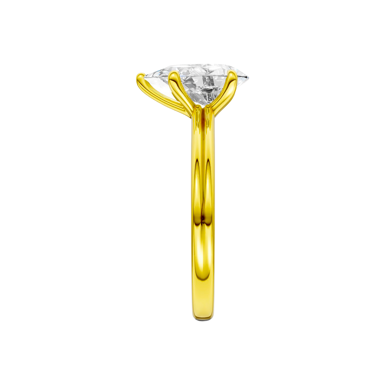A side view of the Pear cut diamond engagement ring in 14k yellow gold with a plain band and solitaire setting