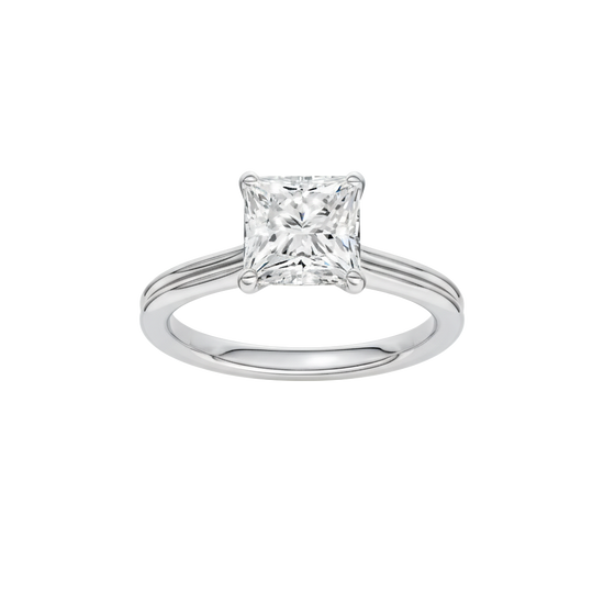 A front view of the Princess cut diamond engagement ring in 14k white gold with a plain band and solitaire setting