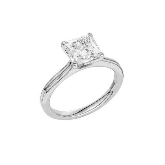 A three-quarter view of the Princess cut diamond engagement ring in platinum with a plain band and solitaire setting