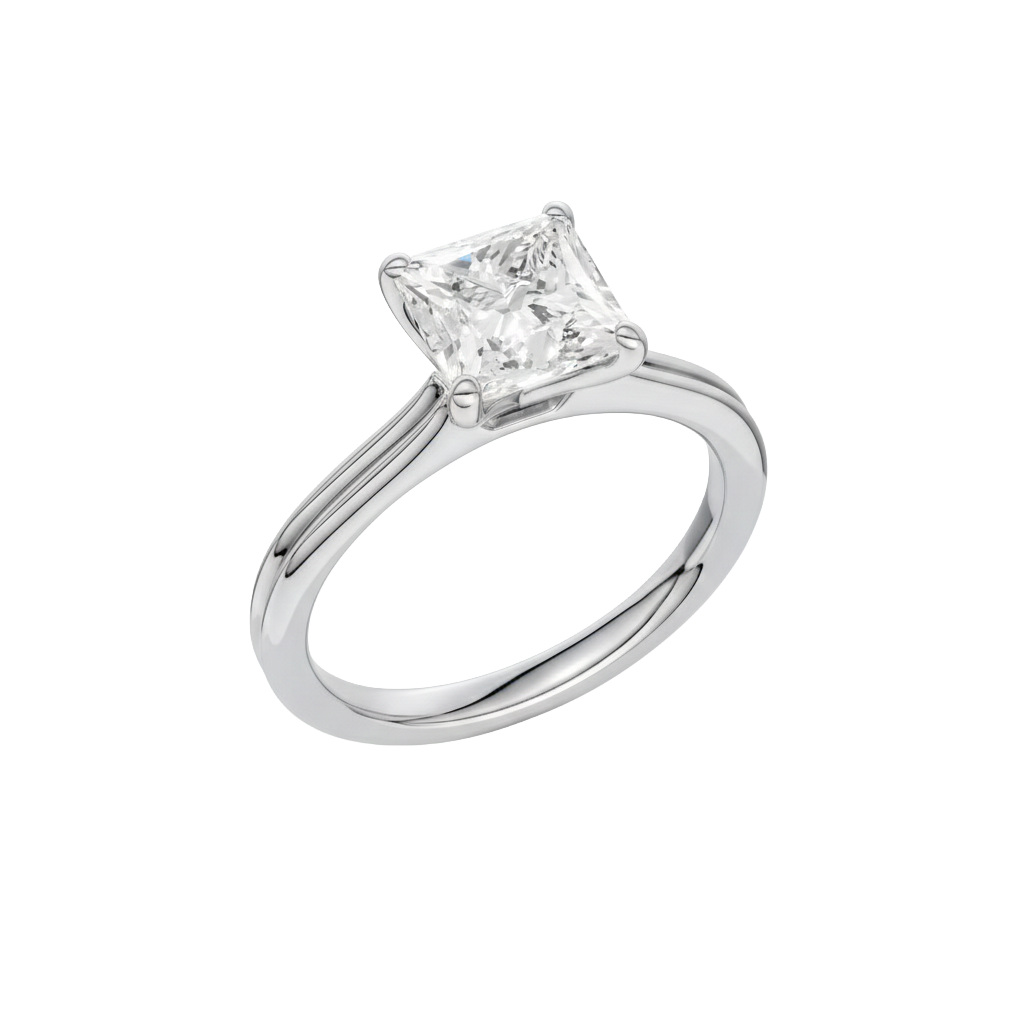A three-quarter view of the Princess cut diamond engagement ring in platinum with a plain band and solitaire setting
