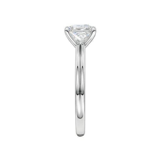 A side view of the Princess cut diamond engagement ring in platinum with a plain band and solitaire setting