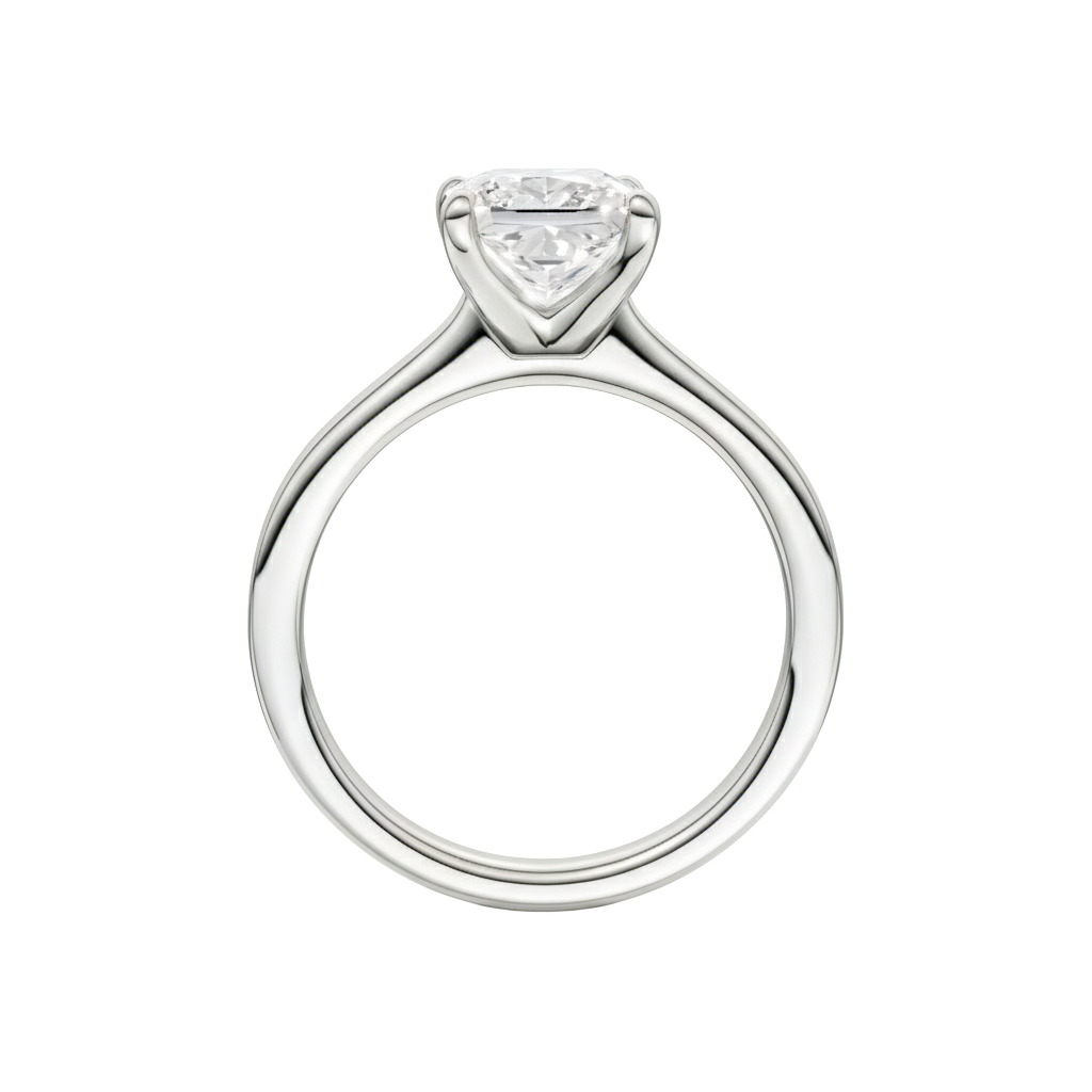 A profile view of the Princess cut diamond engagement ring in 14k white gold with a plain band and solitaire setting